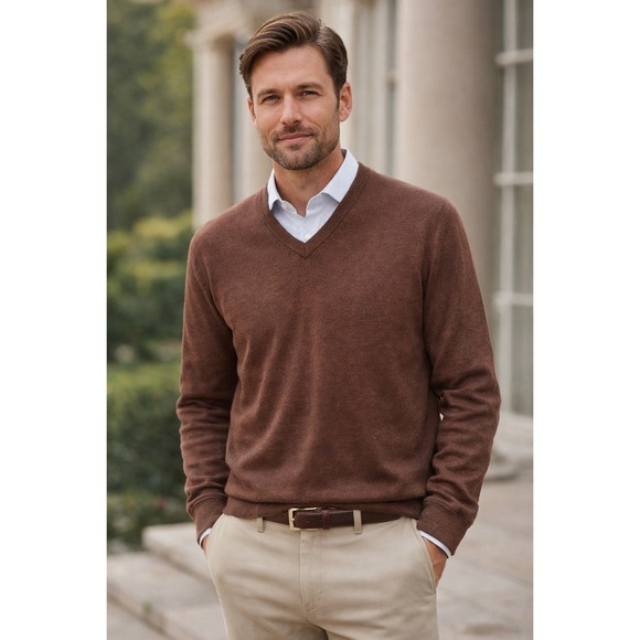 Peter Millar Mens Brown Wool Silk Cashmere V-Neck Sweater Size L